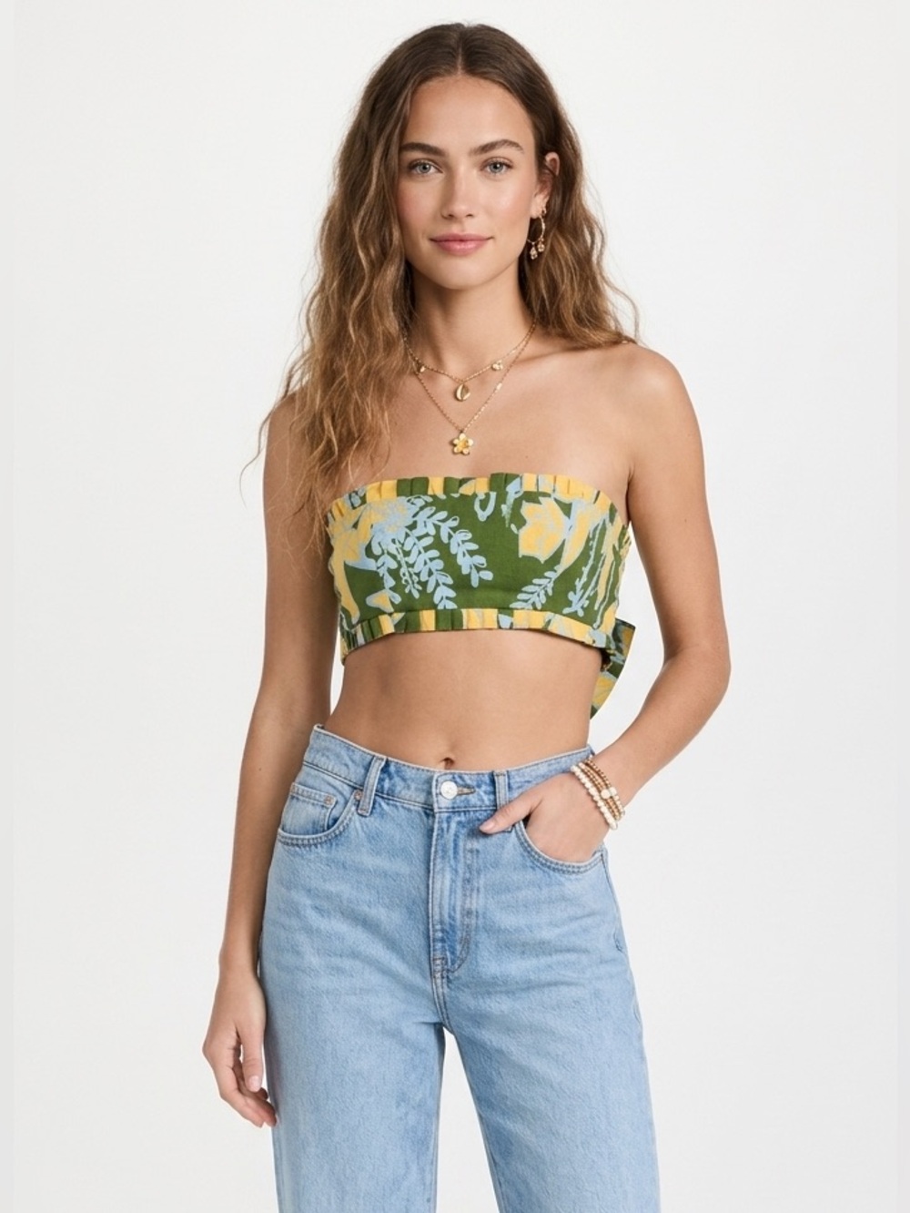 FARM RIO Strapless Floral Bandeau Top in Olive Green
